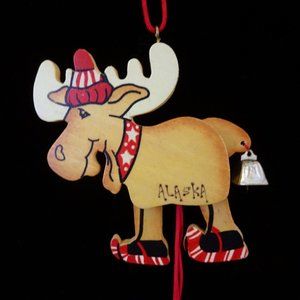 2000 Alaska Wooden Moose Christmas Ornament Pull String Peggy Kupper Y2K